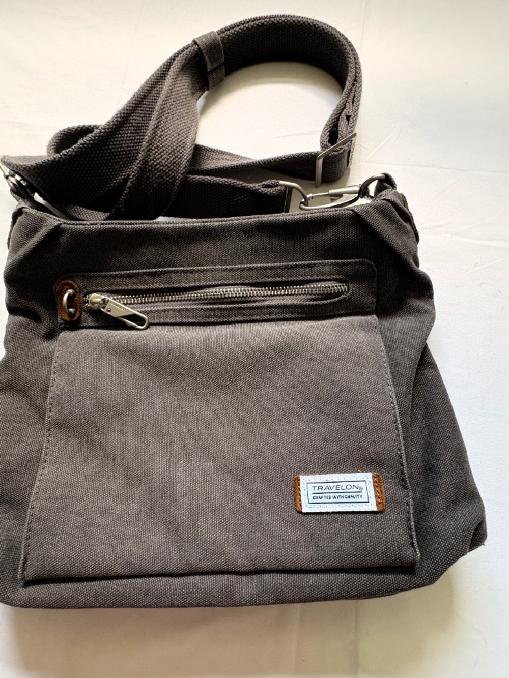 Travelon 5-Point Anti-Theft Pewter Heritage Hobo Bag Crossbody Canvas 10"x12"x3"